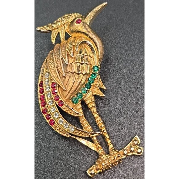 Heron Brooch Pin Bird Rhinestones 2" Gold Tone Collectible Vintage Unsigned - Picture 6 of 6